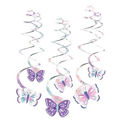 Afbeelding van Amscan 9909728 decoratieve spiralen schijnwerper, 6 stuks, 61 cm, vlinders, verjaardag, hangdecoratie