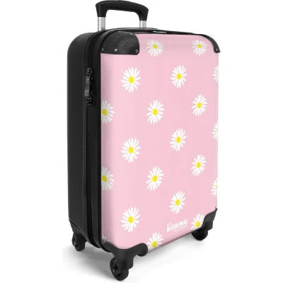 Afbeelding van NoBoringSuitcases.com® Handbagage koffer lichtgewicht Reiskoffer trolley Pastel roze met madeliefjes Rolkoffer wieltjes Past binnen 55x40x20 en 55x35x25