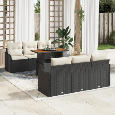 Afbeelding van vidaXL 7 Delige Tuin Sofa Set met Kussens Zwart Poly Rattan Acacia, 2 Zitter