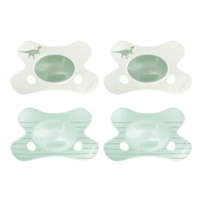 Afbeelding van Difrax Natural fopspeen 0 6 maanden, van zachte siliconen, dinosaurusmotief, crème en mintgroen, 4 stuks, anatomische fopspeen, gemakkelijk te accepteren, BPA vrij, nachtcomfort