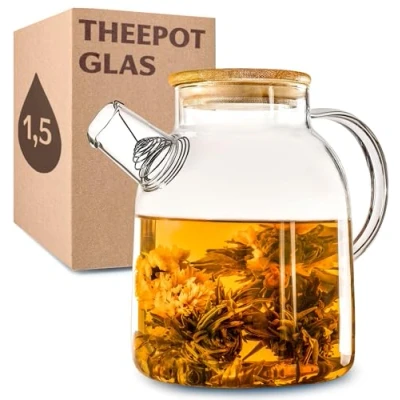 Afbeelding van Theepot glas 1,5 liter met deksel gemaakt van bamboe Filter in de tuit Voor warme en koude dranken Vaatwasmachinebestendig