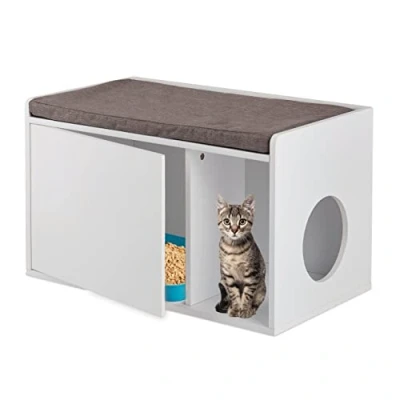 Afbeelding van Relaxdays kattenbak ombouw met zitkussen kattenhuis wit kattenmeubel kattenkast