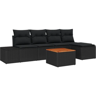 Afbeelding van vidaXL 6 delige tuinsofa set met kussens zwarte poly rattan acacia