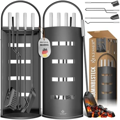 Afbeelding van KESSER® Haardaccessoires, 5 delige haardbestek, modern design, gecoat, hoogwaardig haardgarnituur uit delen: bezem, schep, pookhaak, tang, standaard met zichtbescherming, roestvrij staal, zwart