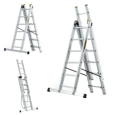 Afbeelding van DRABEST Ladder PRO Serie Aluminium 3 delige 3x6 Treden Multifunctionele Combinatie tot 150 kg draagvermogen Werkhoogte 4,43 m incl. emmerhaak