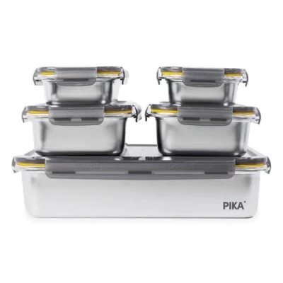 Afbeelding van PIKA Set van 5 roestvrijstalen voedseldozen 1 x 5000 ml + 2 1300 650 speciaal voor Batch Cooking Geschikt magnetron, oven, vriezer eenvoudige opslag