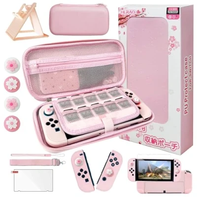 Afbeelding van HLRAO Roze reisdraagtas accessoires kit compatibel met Nintendo Switch OLED.Pink OLED harde beschermhoes, verstelbare standaard, schermbeschermer en schattige duimgrepen 10 in 1 cadeau.