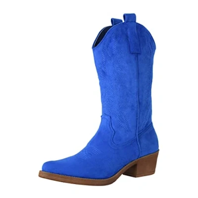 Afbeelding van Elara Chunkyrayan Cowboylaarzen voor dames, bikerboots, Blauw suède Berlijn, 36 EU