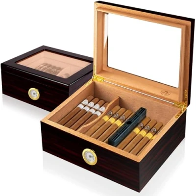 Afbeelding van SLEGE Handgemaakte Sigaren Humidor, Humidor Sigarenkast, Humidore Luchtbevochtiger en Cederkern, Verdeler Hygrometer, Cadeau Voor Mannen, Accessoires (30 50 Sigaren) Zwart