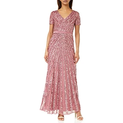 Afbeelding van Maya Deluxe Maxi dames verfraaid pailletten jurk lange korte mouw V hals hoge Empire taille een cut glanzend prom bruiloft bruidsmeisje, Woestijnroos, 40