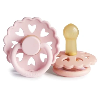 Afbeelding van FRIGG Fairytale Latex Fopspeen 2 Pack Natuurrubberen BPA vrij Gemaakt In Denemarken Symmetrische Kersvormige Tepel (White Lilac/Pretty Peach), Maat (6 18 Maanden))
