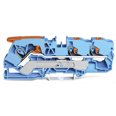 Afbeelding van 3 Draads Doorgangsklemmenblok Met Hendel En Drukknop 10Mm², Blauw