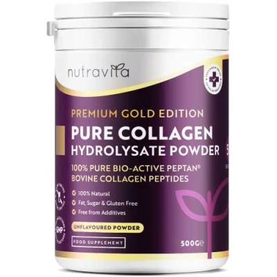 Afbeelding van Collageenpoeder 500g Premium Gold Standard rundercollageen peptiden poeder 50 porties Peptan® supplement met 8 essentiële aminozuren gemaakt in het Verenigd Koninkrijk door Nutravita