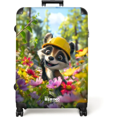 Afbeelding van NoBoringSuitcases.com® Koffer groot Reiskoffer lichtgewicht Wasbeer Bloemenveld Helm Rolkoffer met 4 wielen Grote trolley XL 98 liter bagage