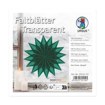 Afbeelding van Ursus 2506100 Vouwbladen donkergroen transparant papier, ca. 14 x cm, 42 g/m², 100 vellen, voor het vouwen van transparante glinsterende figuren, doorgeverfd