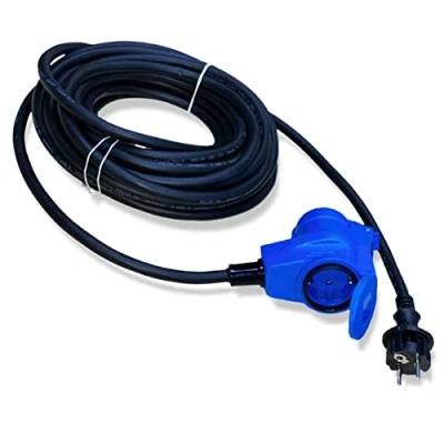 Afbeelding van CEE adapterkabel haakse koppeling met stopcontact op geaarde stekker, 10 m kabel IP44 230 V/16 A, 3 polig, voor camping, boot, camper, caravan, hoekbus, blauw