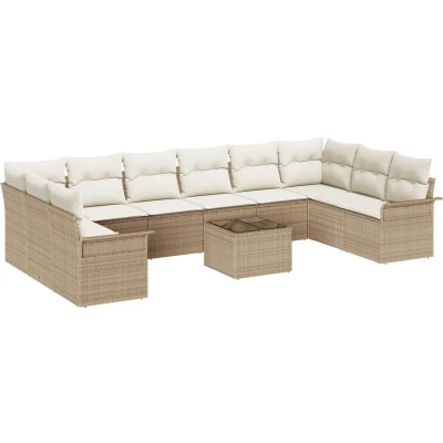 Afbeelding van vidaXL 11 delige Tuin Sofa Set met Kussens Bruin Poly Rattan, 2 Zit Opslag &amp; Beige Rattan