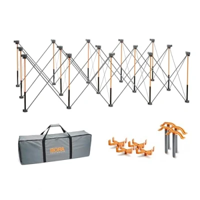 Afbeelding van Bora Duizendpoot 4x8 werkstandaard met 15 veerpoten en draagbare tafel XL Sawhorse ondersteuning vouwen, inklapbare stalen poten, CK15S, oranje