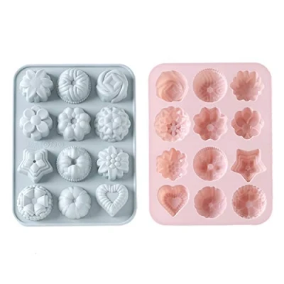 Afbeelding van 2 Delige Cakevormen, Siliconen Bloemenmallen, 12 Caviteitsvormen Bakvormen, voor Cake, Koekjes, Snoep, Chocolade, Ijsblokjes, Gelei, Pudding (Roze, Grijsblauw)