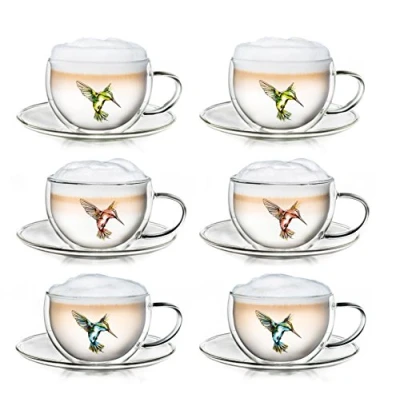 Afbeelding van Creano Thermo kop dubbelwandige thee/latte macchiato cappuccino kolibrie met schotel 250 ml,set van 6, rood/blauw/groen