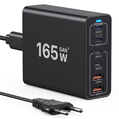 Afbeelding van USB C laadstation 165 W GaN, desktop oplader GaN 6 poorten snelle reizen wandlader adapter compatibel met MacBook Pro/Air/iPhone 14/13/12 serie/Samsung Galaxy S23/S22/S21/laptop