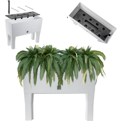 Afbeelding van KADAX Bloempot op poten, verhoogd bloembed van kunststof in 2 maten, plantenbak rotanmotief, bloembak voor tuin, balkon, terras, plantenbak, kruidenbed, 60 cm, wit