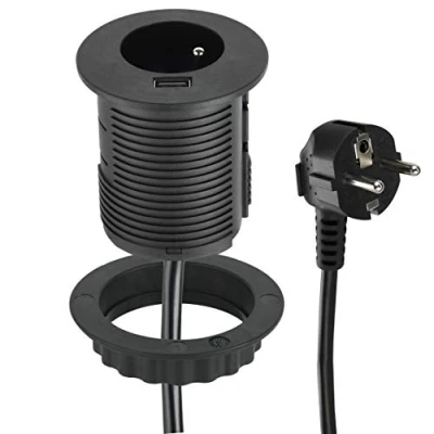 Afbeelding van Electraline 35432 Compacte inbouwstekkerdoos met 1 stopcontact + USB poort 2.0 A, snel opladen, voor bureau/tafel, 60 mm diameter, eenvoudig te installeren, verlenging van 2 m kabel, zwart