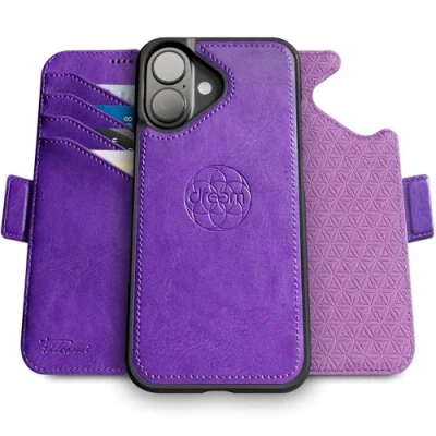 Afbeelding van Dreem Fibonacci compatibel met iPhone 16 portemonnee case / 2 in 1 schokbestendig hoesje en afneembare veganistisch lederen folio, MagSafe, RFID bescherming [Paars]