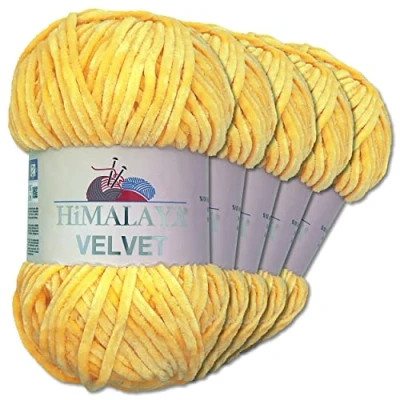 Afbeelding van Wohnkult Himalaya 5 x 100 g Velvet Dolphin breiwol, 40 kleuren om uit te kiezen, chenille breigaren, glans, pluizige garen, accessoire, kleding, (90013, geel)