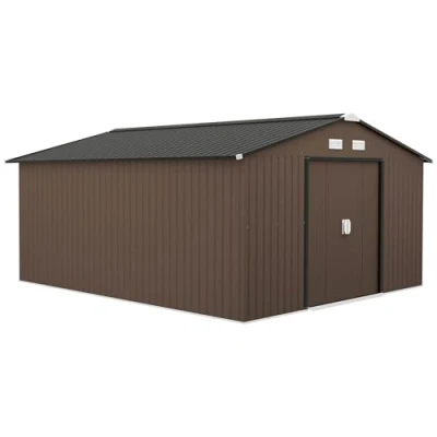 Afbeelding van Outsunny Gerätehaus 12,4 m², Gartenhaus mit Pultdach, Schiebetür, Fundament, 340 x 386 200 cm, Geräteschuppen aus Verzinkter Stahl, wetterfest, für Garten, Braun