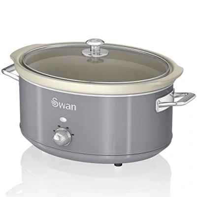 Afbeelding van Swan Retro SF17031GRNIW Kookpan, 6,5 l, afneembare container, anti aanbaklaag, keramiek, PFOA en PTFE, 3 temperatuurniveaus, glazen deksel, slowcooker, vintage design, grijs, 320 W