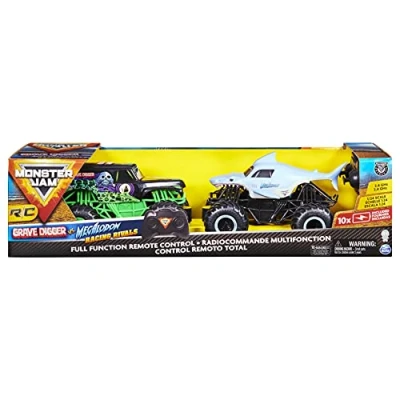 Afbeelding van Monster Jam 6063605 Racing Rivals Set met 2 op afstand bestuurde Trucks Grave Digger vs. Megalodon (schaal 1:24) uitgebreide race accessoires [exclusief bij Amazon]