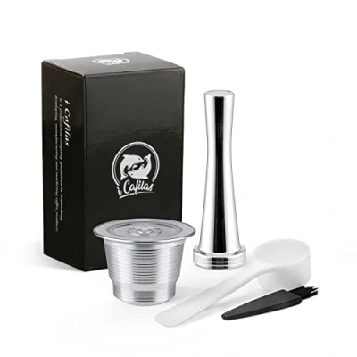 Afbeelding van Nepresso koffiecapsules, roestvrijstalen mok, herbruikbaar metaal, navulbare capsules voor thuis, koffiezetapparaat, zilver (borstel en lepel inbegrepen) Tamper + Capsula