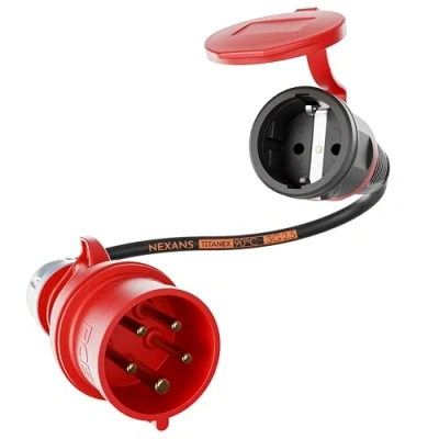 Afbeelding van NWP NW10003 16A 400V stekker krachtstroom op 230V Schuko koppeling IP44 3x2,5mm² rubberen slangadapter,zwart, grijs, rood