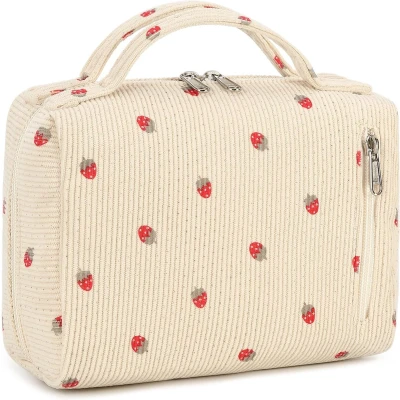 Afbeelding van Toilettas voor dames, make uptas, wastas, grote toilettas, organizer mannen en vrouwen, uptassen, geschenken, Corduroy aardbei,