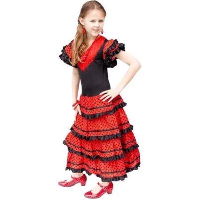 Afbeelding van Spaanse jurk Zwart/Rood Maat 92/98 (4) Verkleed flamenco kinderen verkleedkleren meisje