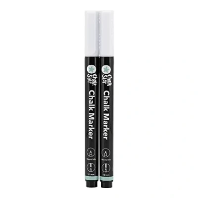 Afbeelding van SECURIT Chalkstar Pack van 2 witte vloeibare krijtstiften voor Blackboard, krijtbord, raam of glas ronde pennen 1 mm Ideale borden en reclamepunten