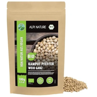 Afbeelding van biologische Campot peper, wit, 100 g, witte campotheper, peperkorrels uit gecontroleerde teelt, laboratorium getest, 100% zuiver en natuurlijk