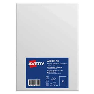 Afbeelding van Avery A3 duurzame printbare borden/A3 bewegwijzering, mat wit, 297 x 420 mm, 10 stuks