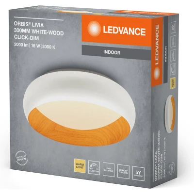 Afbeelding van LEDVANCE ORBIS Livia LED Deckenleuchte mit Metallring, weiß/Holzdekor, 16W, 750lm, 3000K, 300mm, 830 freundliches Warmweiß, durch Klicken in 3 Stufen dimmbar, IP20, Schrauben/Dübel inklusive