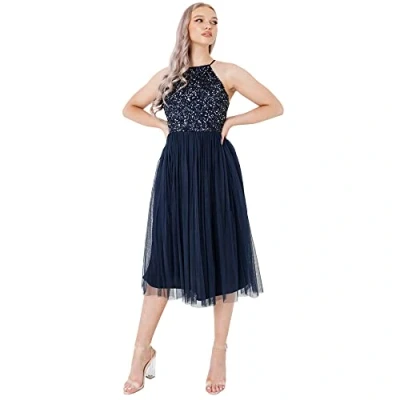 Afbeelding van Maya Deluxe Dames midi jurk met halter hals tule voor avondafstuderen prom bruiloft bruidsmeisjes baljurk, marineblauw, 36