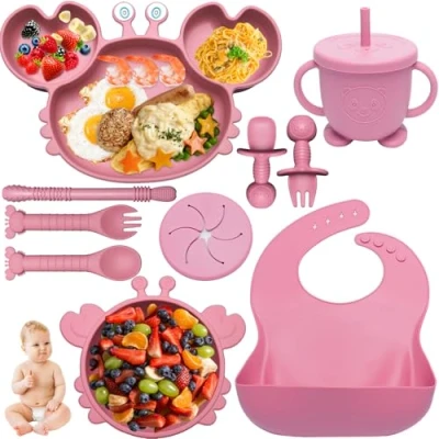 Afbeelding van Kinyoda babyvoedingsset, 10 delig, antislip, met zuignap, bord, kom, slabbetje, bestekset voor kinderen, BPA vrij (roze)