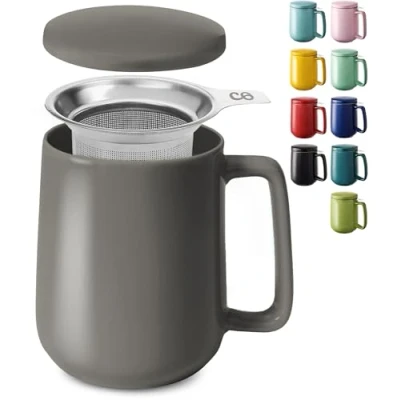 Afbeelding van Cosumy Theekop met thee ei en deksel 500ml groot Keramisch Blijft lang warm Poederroze (Antraciet)