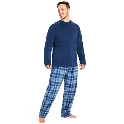 Afbeelding van CityComfort Herenpyjamaset van superzachte fleece, 2 delige set voor heren, loungekleding, nachtkleding, cadeau mannen, Blauw geruit, XL