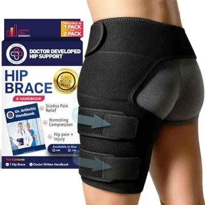 Afbeelding van Dr. Arthritis Medici dijbeensteun voor de rechterheup, ischiaszenuw, dijbeenbandage met compressie (maat S/M, zwart)