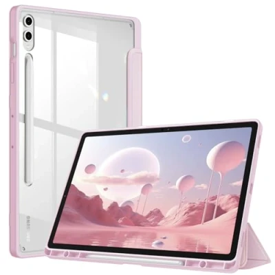 Afbeelding van Fintie Hybride slanke hoes voor Samsung Galaxy Tab S9 FE+ Plus/Galaxy S9+ Plus 12,4 inch 2023 met S penhouder, schokbestendige transparante achterkant, automatisch waken/slapen, roze