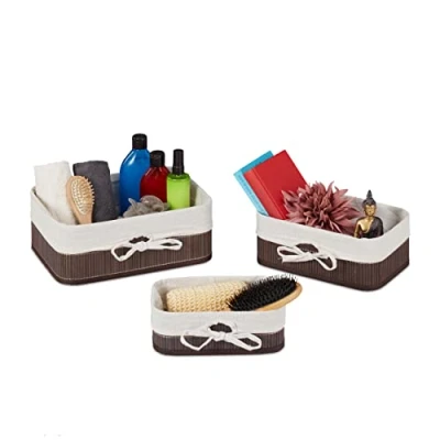 Afbeelding van Relaxdays opbergmand bamboe set van 3 badkamermand toiletmand kastmand bruin