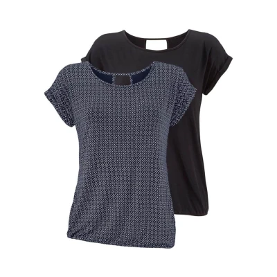 Afbeelding van Lascana 2 pack Tshirt print marinegemustert+schwarzuni, Dames, Maat: 32/34, Marine gemustert+schwarz uni