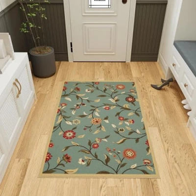 Afbeelding van Ottomanson Ottohome collectie tapijt met rubberen achterkant en modern bladerdesign, 100 cm x 150 cm, kleur zeeschuim