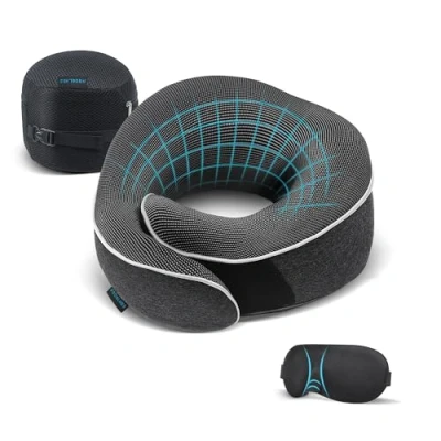 Afbeelding van Proglobe Nekkussen vliegtuig, reiskussen, 100% traagschuim, orthopedisch nekkussen, voor reizen met auto, trein, 3D slaapmasker, oordopjes, hoogwaardige nettas (donkergrijs)